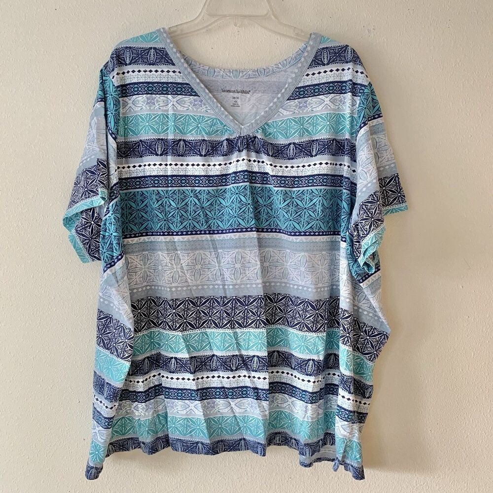 Woman Within Short Sleeve Cotton V-neck T-shirts Lot Of 3 Blue White Patterns 4X - Picture 15 of 16
